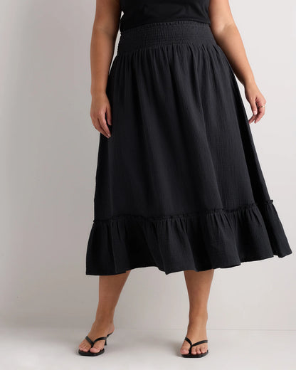 100% Organic Cotton Gauze Smocked Maxi Skirt - 1X / White