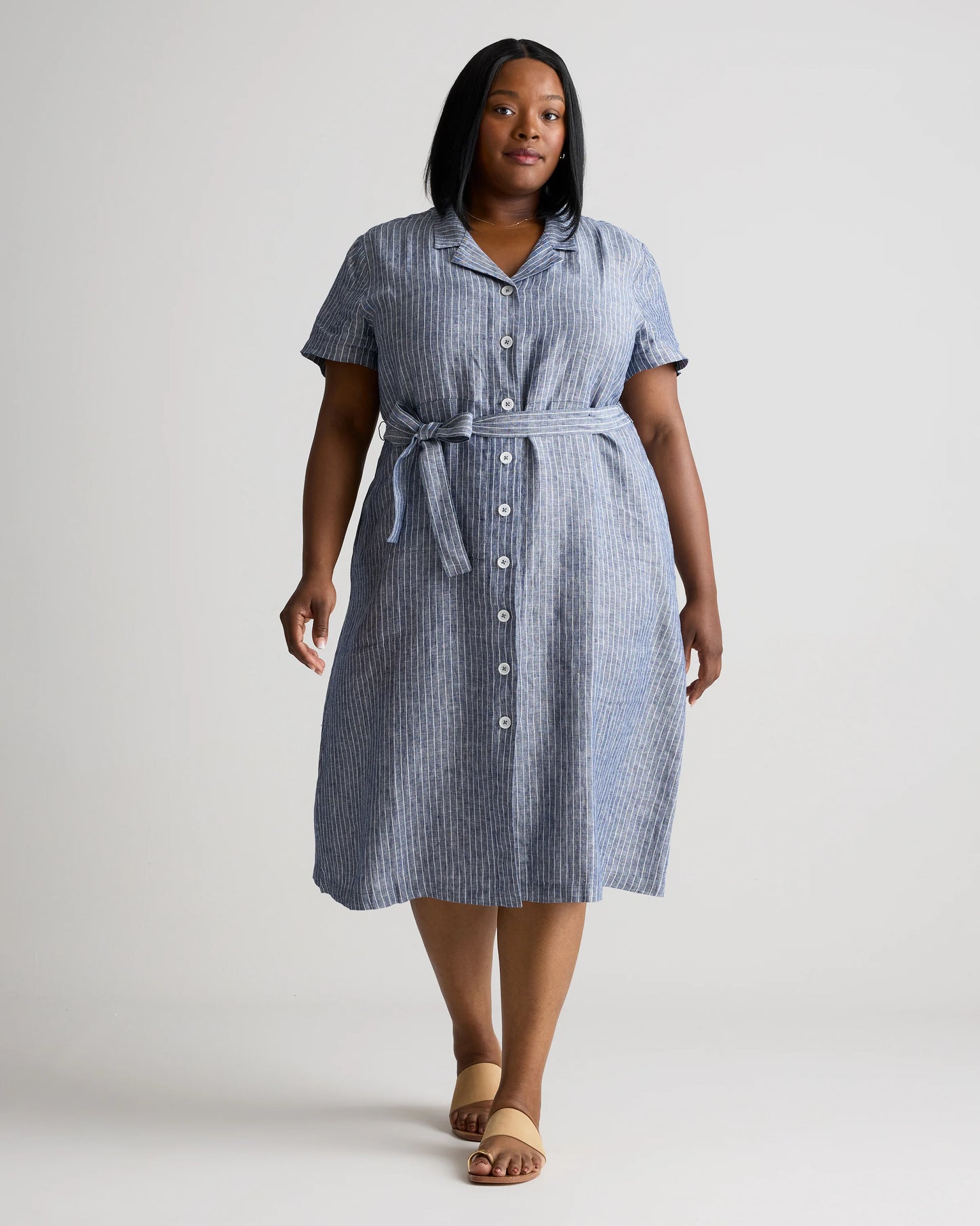 100% European Linen Button Front Dress - 1X / Blue Pinstripe