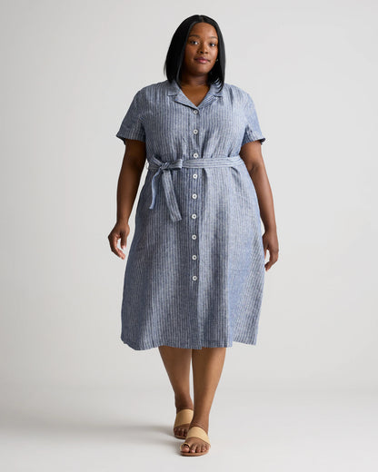 100% European Linen Button Front Dress - 1X / Blue Pinstripe