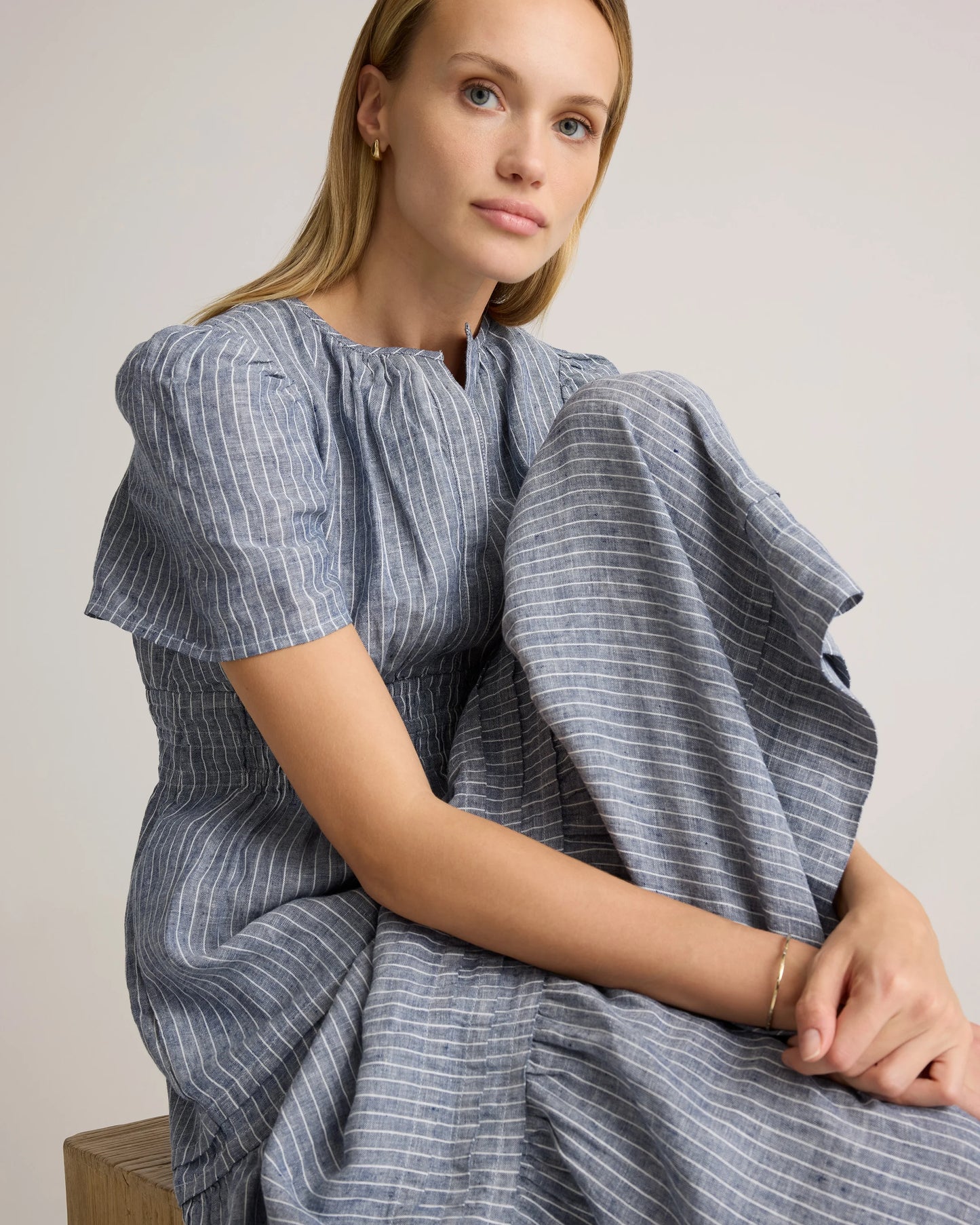100% European Linen Tiered Maxi Dress - XS / Deep Navy