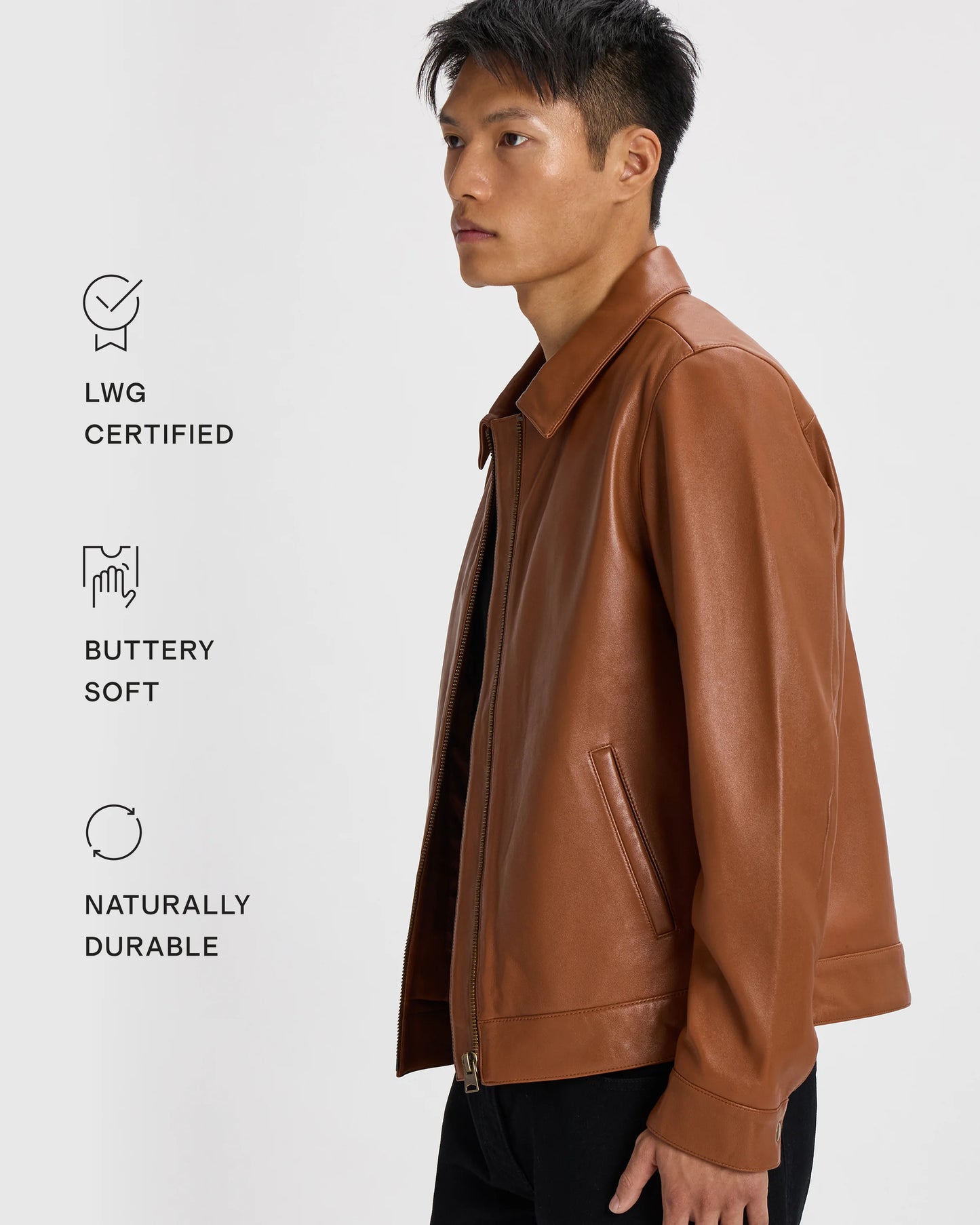 100% Leather Harrington Jacket - S / Dark Cognac Brown