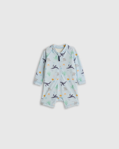 Long Sleeve Zip-Up Rash Guard One-Piece - 0-3M / Peri Beach Stripe